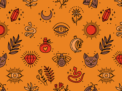 Witches icons. Seamless pattern for fabrics