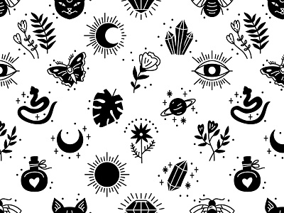 Witches icons 2. Seamless pattern for fabrics adobe illustrator design flat style flower icons illustration mystic seamless pattern silhouette textile design vector illustration witch