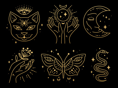 Gold lineart magic symbols adobe illustrator art deco branding design gold graphic design illustration lineart logo magicprint tattoo vector illustration