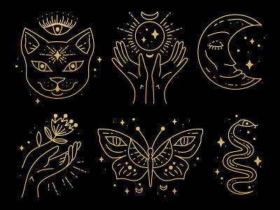 Gold lineart magic symbols