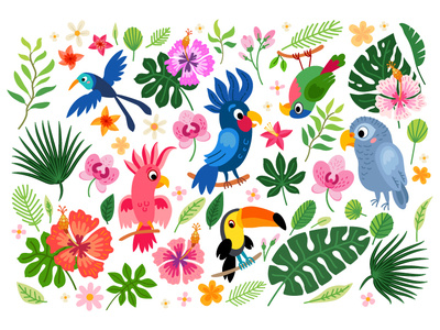 Tropical collection of parrots. Brazil jungle flora