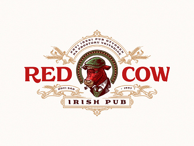 Red Cow Irish Pub beer cow hand drawn illustration irish lettering logo new garden society pub typography vintage