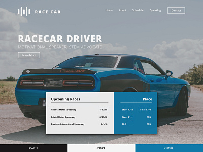 Race Car Landing Page banners blue branding car clean design designer development minimalism racing webpage