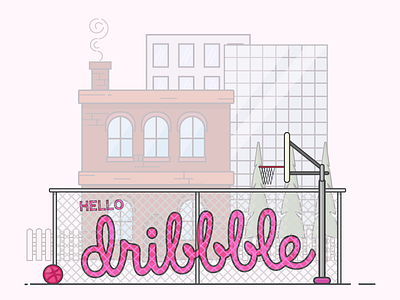 Let's dribbble! basketball building court debut fence goal illustration