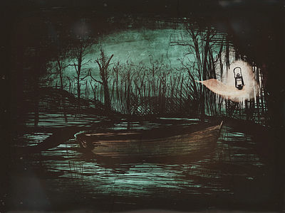 Night boat digital art drawing ipad lantern procreate swamp