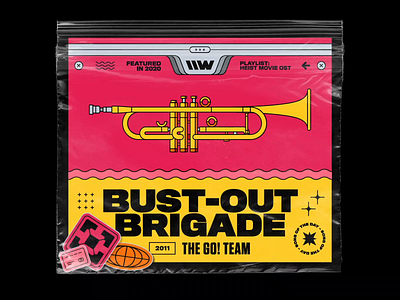 The Go! Team – Bust-Out Brigade 70s bashbashwaves brass brutalism funk funky illustration memphis industries motion design music plastic bag plastic wrap playlist rhox soul spotify stickers the go team trumpet