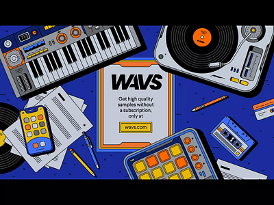 WAVS.COM – loop library advertisting bashbashwaves button cassette illustration keyboard launchpad motion design mouse musician musicians pen pencil producer rhox smartphone synth synthetiser vinyl vinyl player