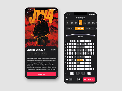 Cinema app John Wick 4 app branding cinema design john wick mobile ui