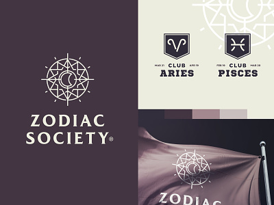 Zodiac Society aries astrology club compass fashion flag guide logo moon movement network pisces shield sign society star sun tribe zodiac
