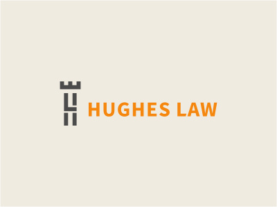 Hughes Law attorney defense gray initials law logo orange power safe tower