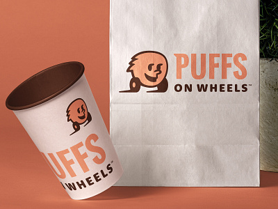 Puffs bag cake chocolate cup delivery dessert food greek happy logo lokma mascot packaging puff smile soul t shirt wheels