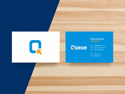 Queue Cards arrow blue business card education frame initials learning logo logotype school wood yellow