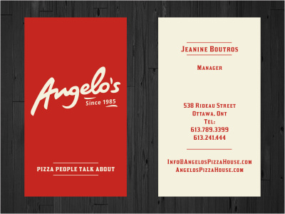 Angelo's Business Cards beige business card calligraphy card food handwritten logo logotype pizza print red restaurant retro stationery
