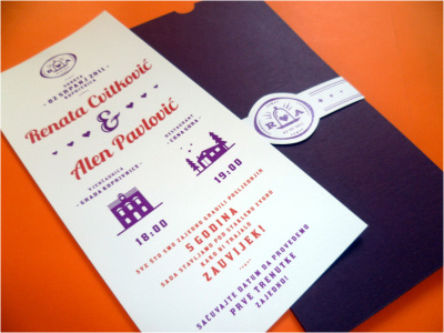 Our Wedding Invitations glass heart initials invitation love orange print purple stationery wedding
