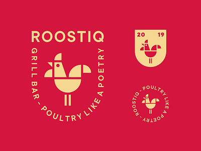Roostiq Grill Bar animal bar bird cock emblem food geometry grill logo poetry red restaurant rooster seal shield