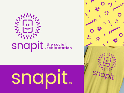 Snapit camera face flash frame fun logo logotype party pattern photo purple selfie smiley snap station typography yellow