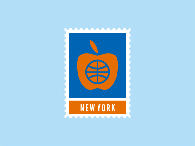 New York Knicks apple ball basketball blue fruit logo nba orange sports stamp
