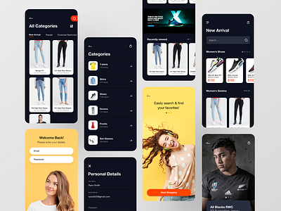 More Shop - Dark Theme UI Kit app ceffectz design ecommerce app graphic ios minimal mobile shopping cart ui uiux ux