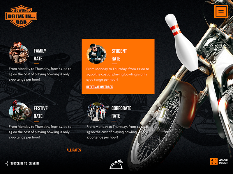 The page of bowling tariffs website ux ui menu bowling bike