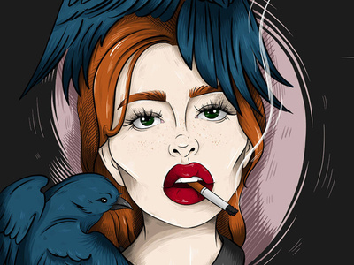 Black bird bird smoke sexual draw ipad pro portrait illustraion brush female character lips procreate girl