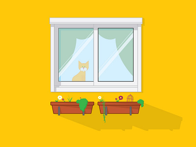 Home is where the cat is cat curtains flat home illustration plant vases vector window