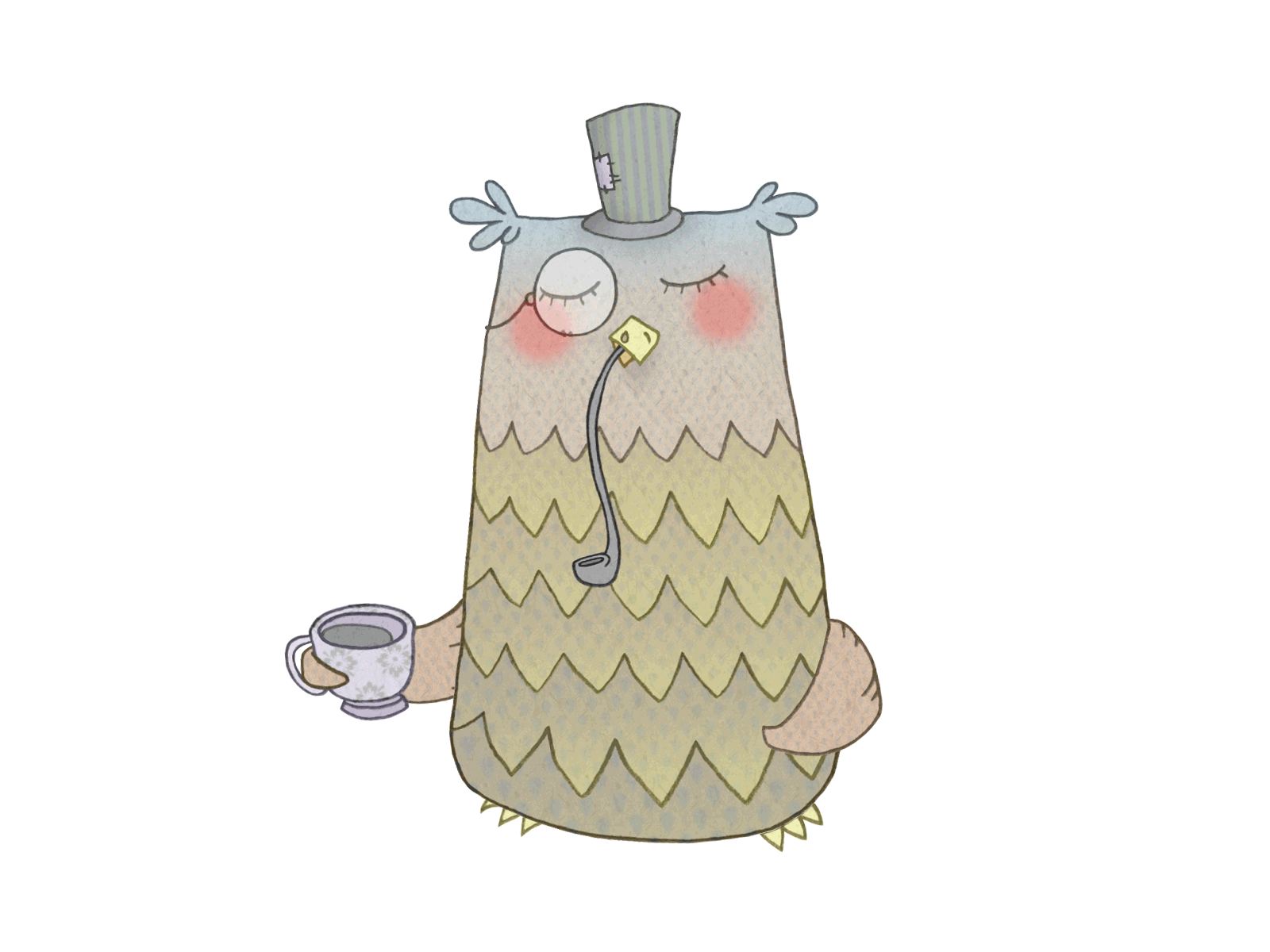 Soví pohodička animated bird coffee colorful cute drawing feathers hat monocle owl patch pencil pipe smoke teacup