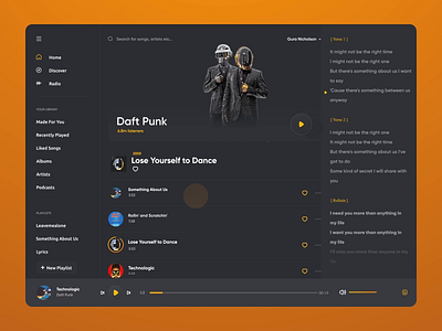 Desktop music player Duft Punk dark dark mode design desktop illustration interaction design music music app music player player spotify ui ui design motion user interface ux web