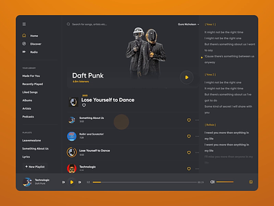 Desktop music player Duft Punk dark dark mode design desktop illustration interaction design music music app music player player spotify ui ui design motion user interface ux web