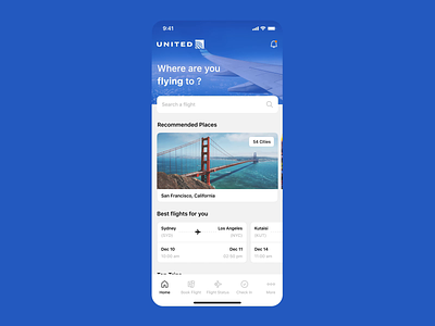 United Airlines home page and pre-loader airplane animation app book flight booking branding flight fly interaction design loader logo motion designer motion graphics prealoader recommended places san francisco ui united airlines ux zaur miminoshvili