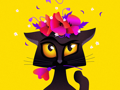 Kitten named Shishanna animal black cat character eyes flowers frida illustration muzzle vector yellow