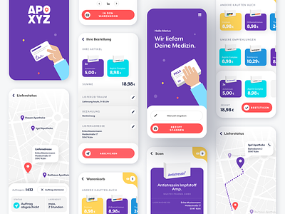 APOXYZ - Uber for pharmacies app clean colourful illustration medical purple red tool ui ux