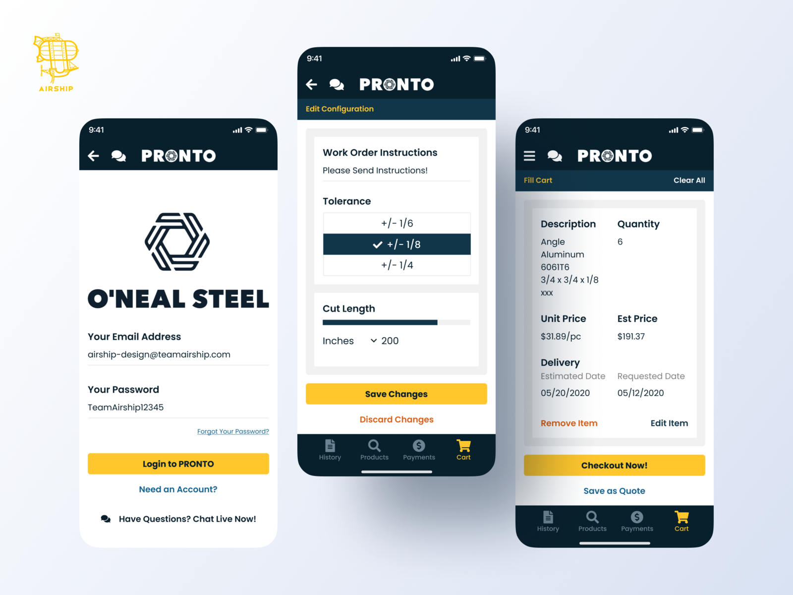 O'Neal Steel Mobile App by Airship on Dribbble