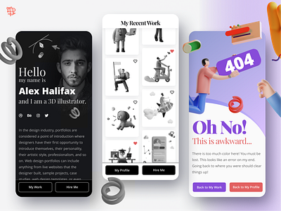 Black and White 3D Illustrator Portfolio with Colorful 404 Page