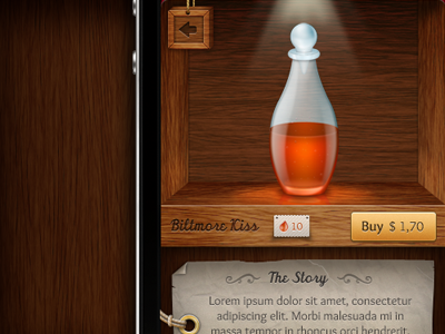 iPhone app - bottle detail screen apple bottle cabinet glass icon ios iphone love old paper potion rope shelf tag ui wood