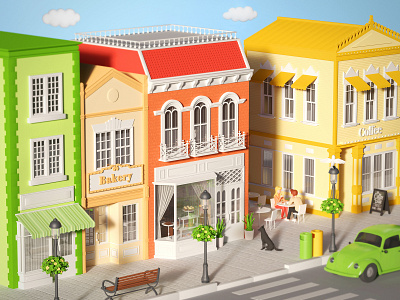 3D City 3d 3d art 3d artist 3d illustration 3d model 3d modelling 3d models 3d world bakery cafe car citescape city illustration low poly lowpolyart street