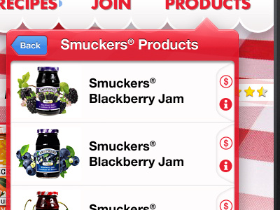 Products slide $ back blue button experience i ipad jam join navigation overlay popup products recipes red slide ui user user experience user interface ux