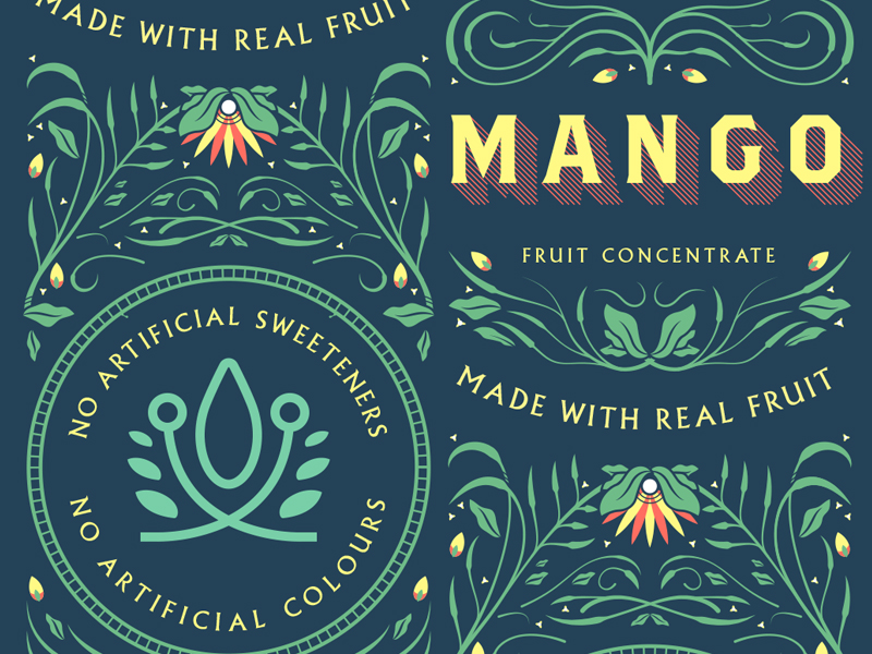 Mango Label pattern jungle tree lettering tropical fruit concentrate mango filigree