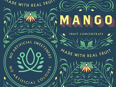 Mango Label concentrate filigree fruit jungle lettering mango pattern tree tropical