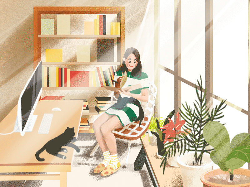 Reading afternoon book cat design gif girl illustration illustrations plant reading room sunshine