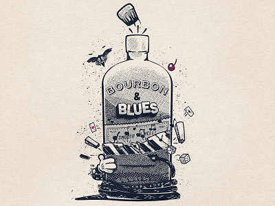 Bourbon & Blues black and white blues bourbon cartoon design halftone illustration music old fashioned retro speakeasy t-shirt vintage whiskey