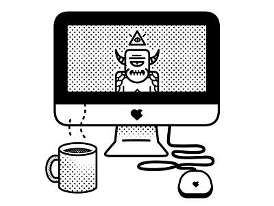 Working Away black and white demon design halftones illustration life of a freelancer line art vector