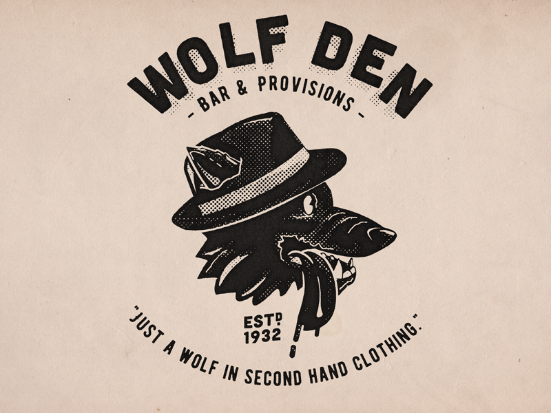 Wolf Den wolf creep wolf cartoon tshirt design vintage black and white retro design illustration