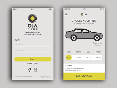 Ola App UI/UX design. Login & Booking page