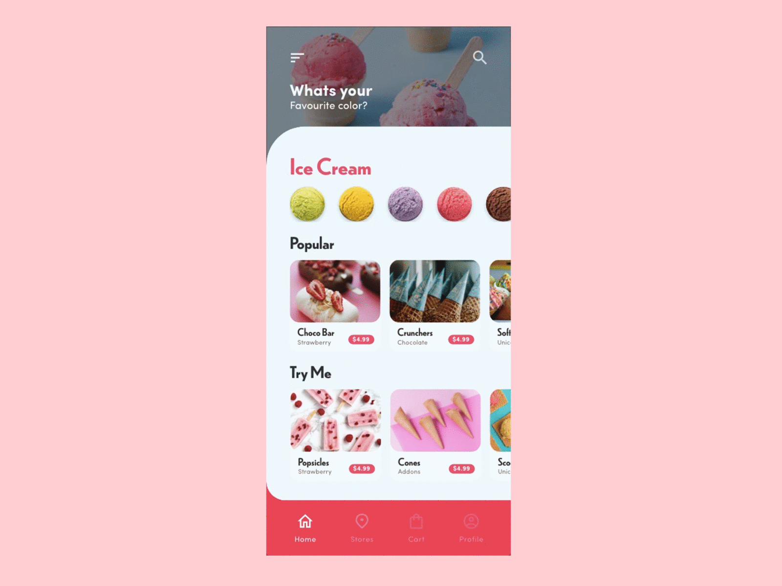 Ice cream App appdesign galleries homepage ui uiux xddailychallenge