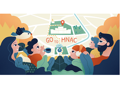Go to mnac city coffeecup colors illustration location map people plants vector