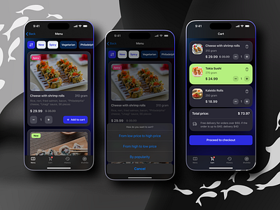 Sushi app screen android app application buy cart human interface guidline interface ios menu mob mobile payment pohil product product design search ui valeriya pohil