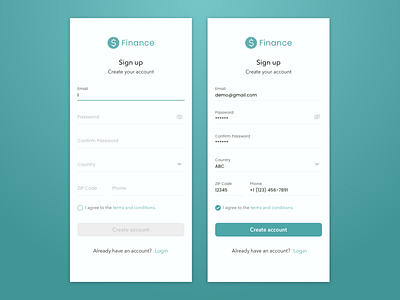 Finance App SignUp app branding clean design finance green icons illustration ios login logo mobile screen signup simple textfields textstates typography ux vector