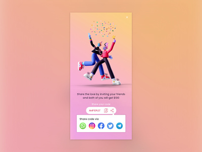 Social Share app branding clean confetti copy code design get $ gradient graphic icons illustration link logo media share with friends social share ui ux vector vibrant