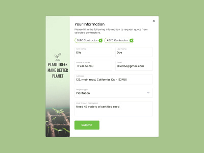 Pop-Up 016 ad button clean contractor dailyui design green minimal plant plantation pop up overlay save simple tab tag text field ui ux web