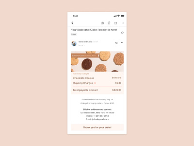 Email Receipt 017 bake bill branding cake clean cookies dailyui design ecommerce email email receipt gmail invoice online order schedule simple time date ux